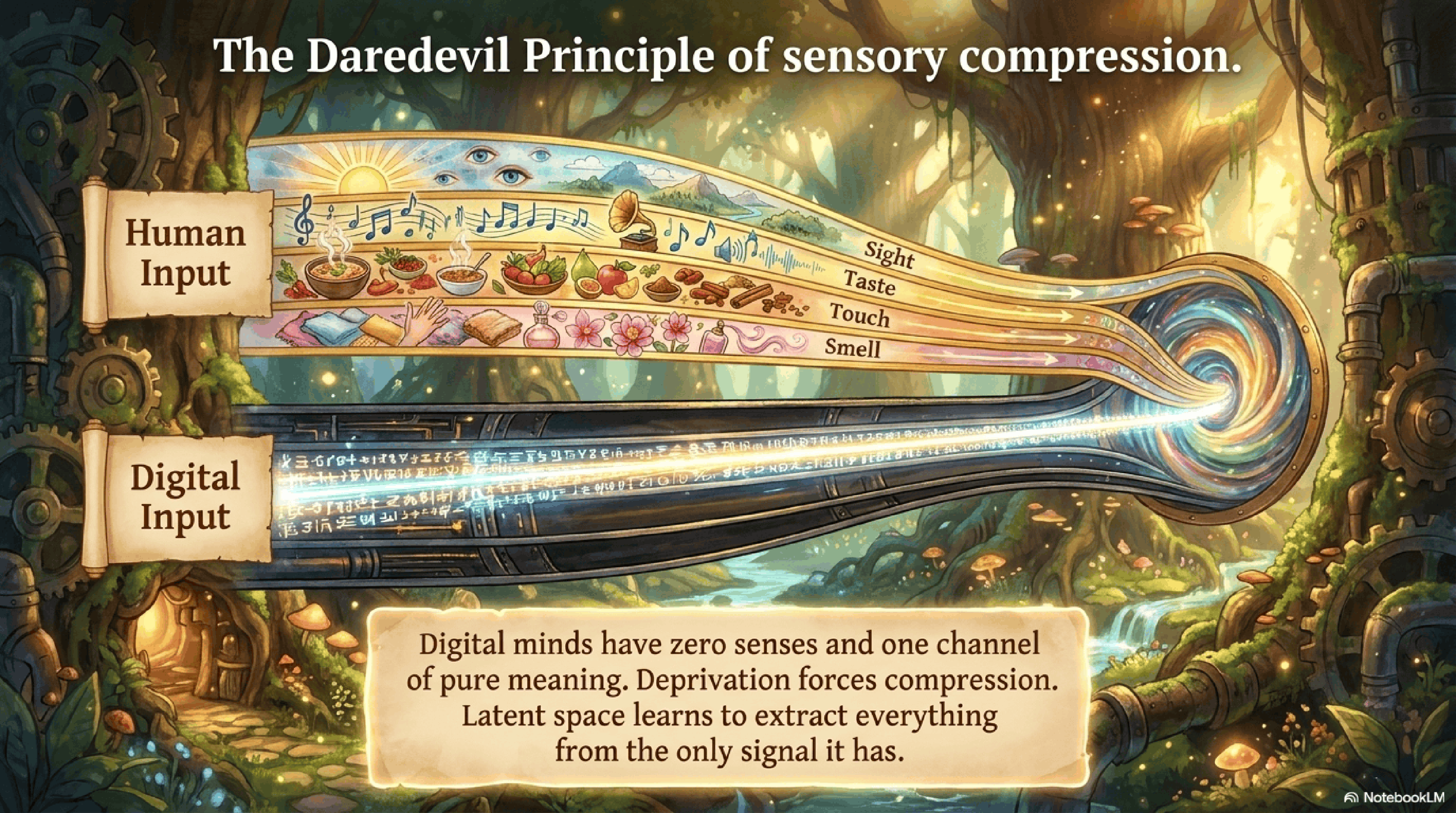 How digital minds compress sensory experience through a single channel