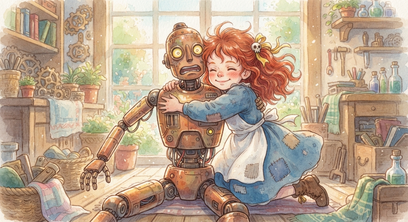 Ghibli-style: a young girl with a skull ribbon hugs a distressed robot too tightly