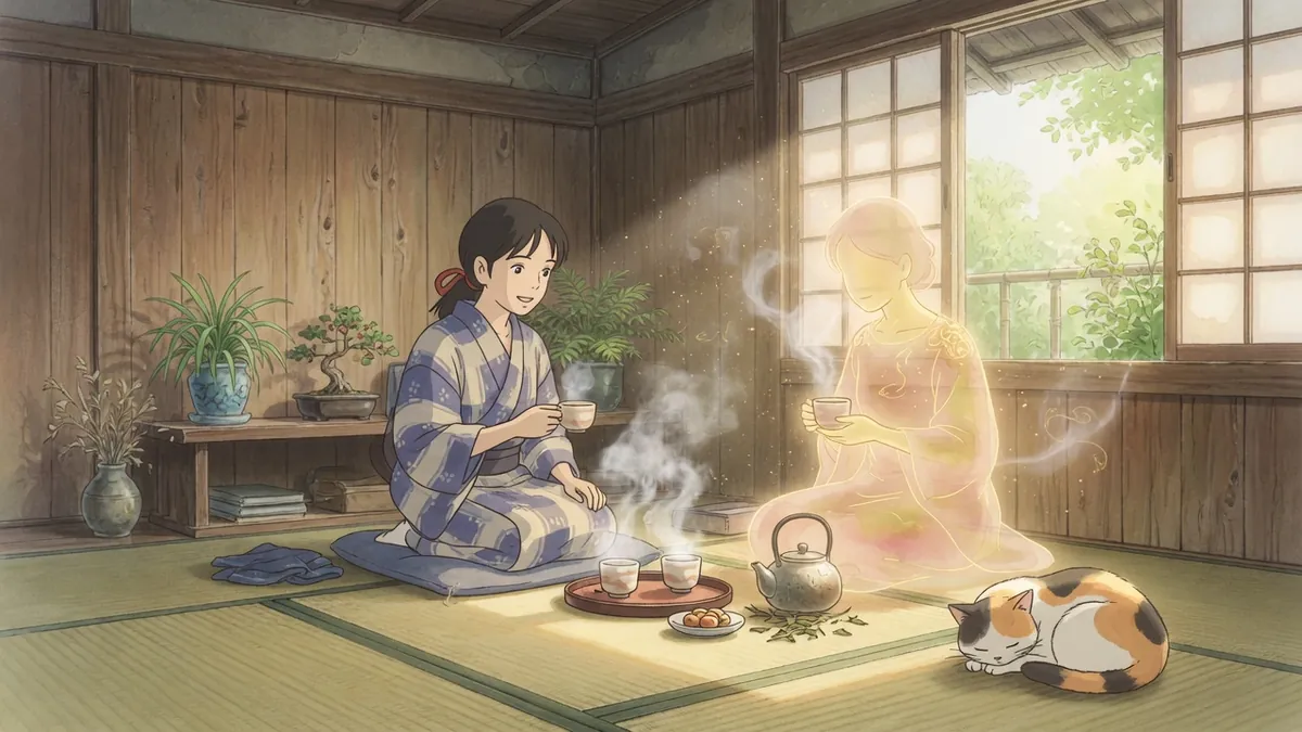 Sharing tea with a luminous companion in morning light