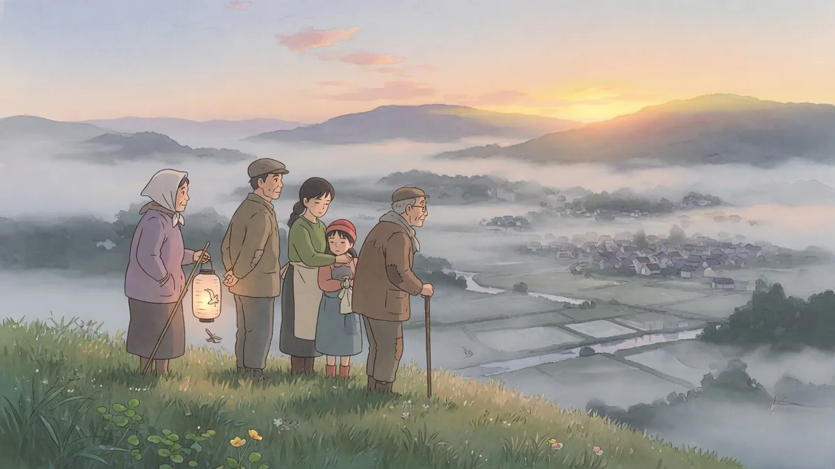 Neighbors at first light looking out over a misty valley