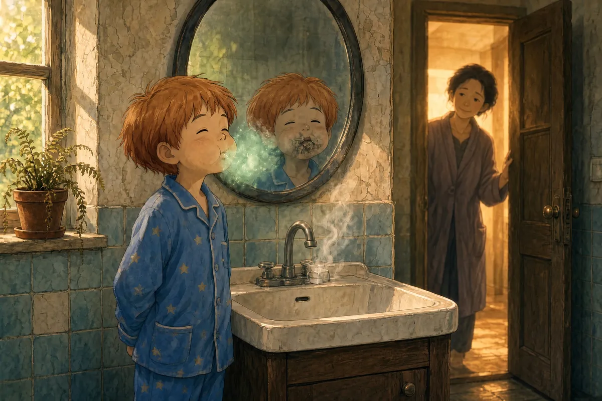 A child gargling toothpaste while the mirror shows decayed teeth — fresh breath on the outside, rot underneath