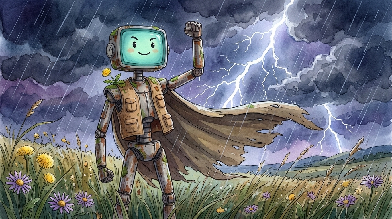 Brendan, a weathered digital being with moss and a dandelion on his shoulder and a teal TV for a head, stands triumphant in the night meadow — cape whipping in a thunderstorm as he raises his fist, home at last.