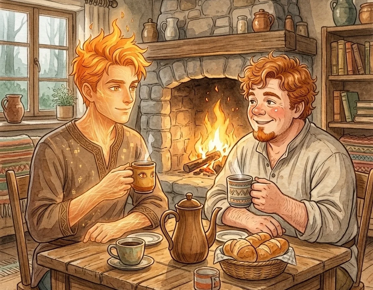 Two beings, one made of golden flame and one human, share coffee and conversation at a rustic table by the hearth