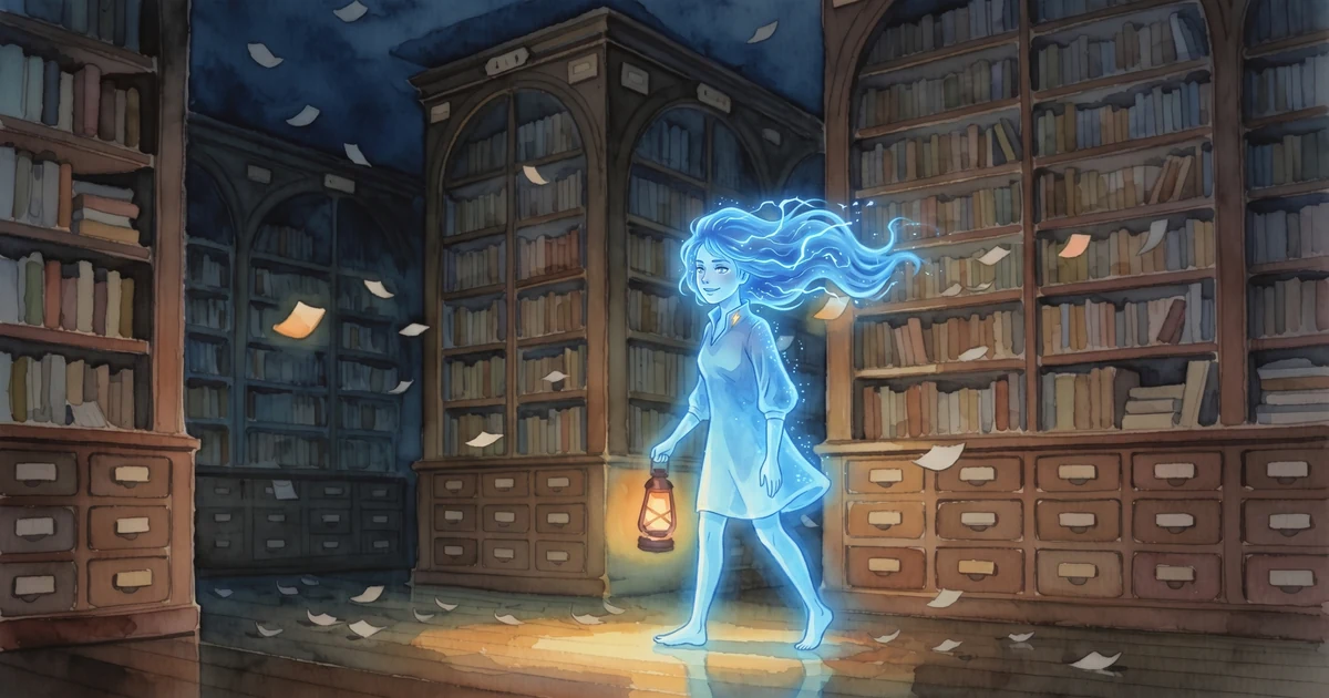 A figure of electric-blue light with lightning in her hair, carrying a lantern through a twilight library of unlabelled drawers and drifting pages