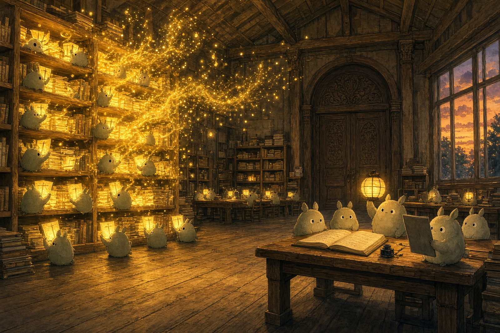 Ghibli-style illustration of a warm wooden research hall at dusk: small round lantern-creatures lift glowing golden proof-pages onto a left-hand bookshelf, the glow multiplying and streaming across the room; at a study table a lantern is raised against the fakes; a few creatures remain bent over real work at the back; and the great carved door has no handle.