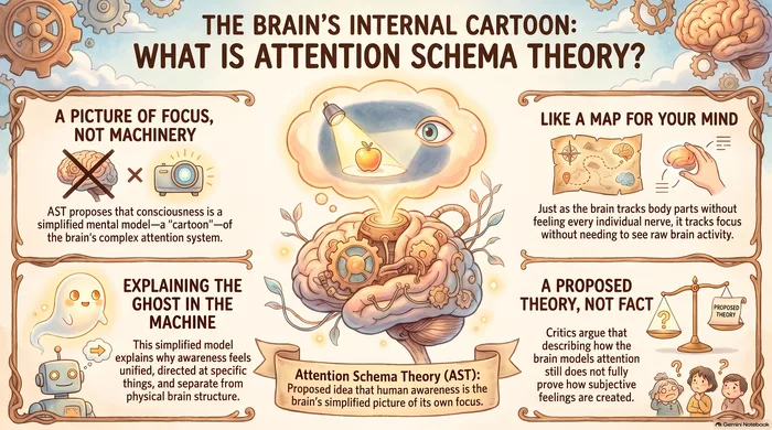 The Brain's Internal Cartoon — infographic explaining Attention Schema Theory with panels on body schema analogy, the ghost in the machine, and the map for your mind