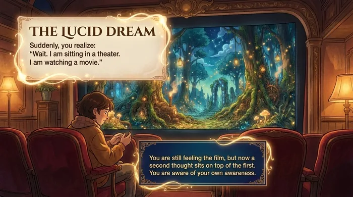 The lucid dream — a boy in an ornate theater realizes he is watching a movie, a second thought on top of the first