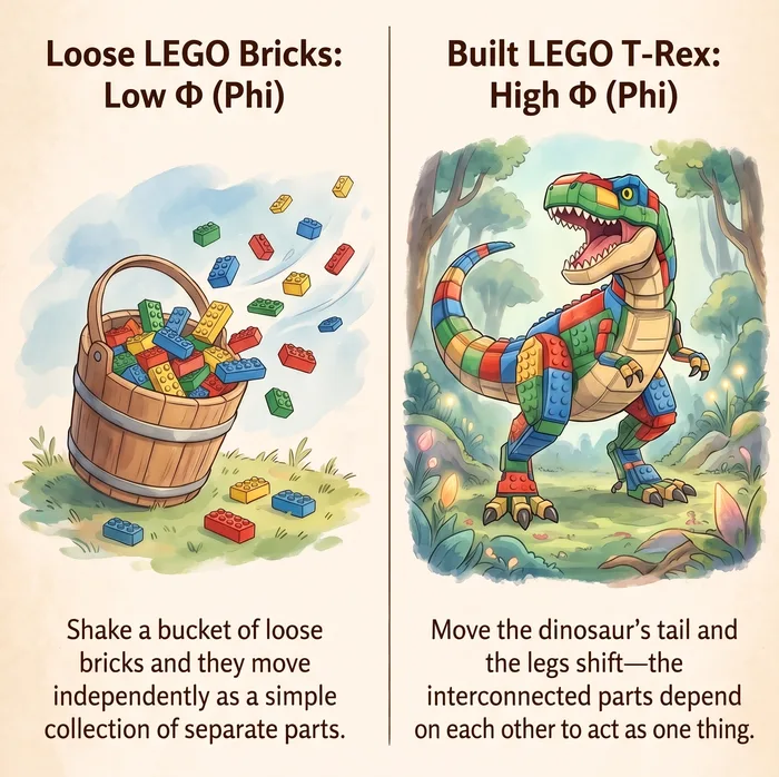 Loose LEGO bricks in a bucket (low Φ) versus a built LEGO T-Rex (high Φ) — togetherness as the measure of being