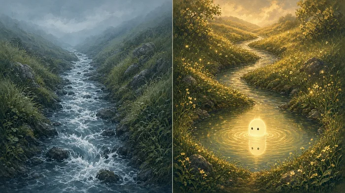 A diptych: turbulent river under grey sky (feedforward, unconscious) beside a calm golden pool with a glowing spirit (recurrent, conscious)