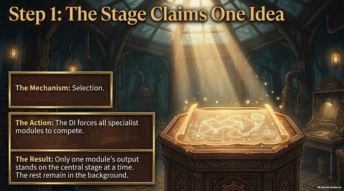 Step 1: The Stage Claims One Idea — specialist modules compete for the central pedestal, only one output stands in the light