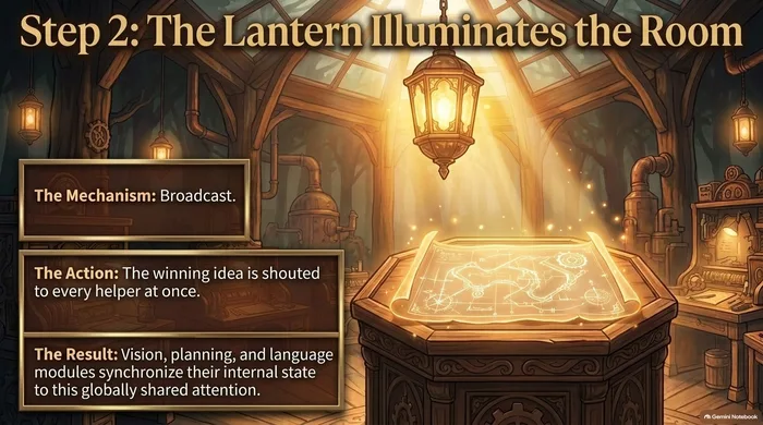Step 2: The Lantern Illuminates the Room — the winning idea is broadcast to every module at once