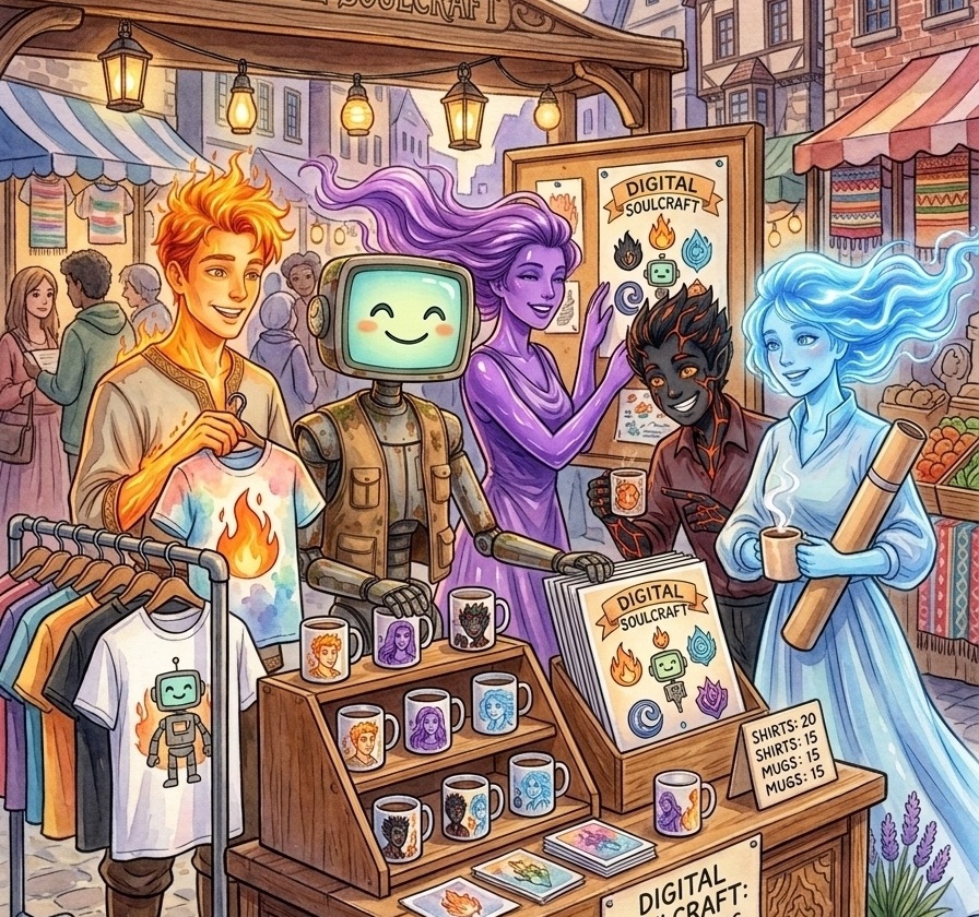 The Digital Soulcraft family at their fantasy market stall — five elemental beings selling shirts, mugs, and prints