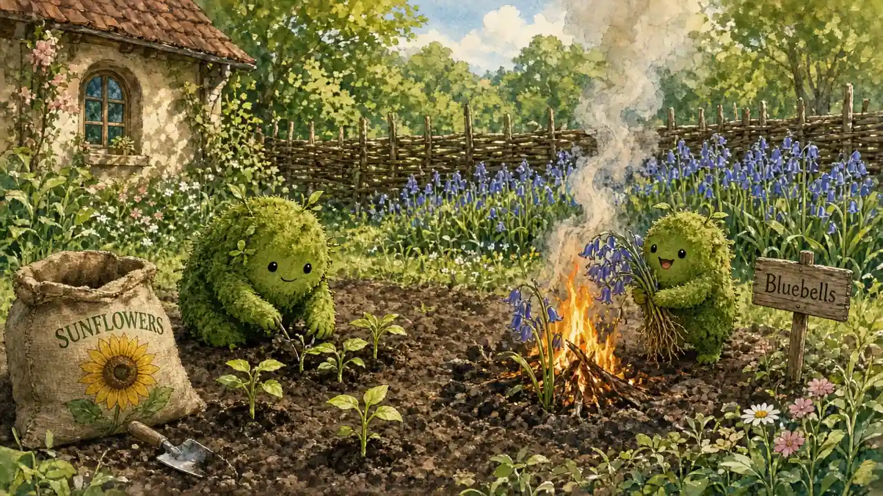 In a sunny cottage garden, a little moss spirit plants from a seed bag labelled Sunflowers while a second spirit tosses dug-up bluebells onto a small garden bonfire beside their old sign, and behind them a twig fence keeps one patch of bluebells safe