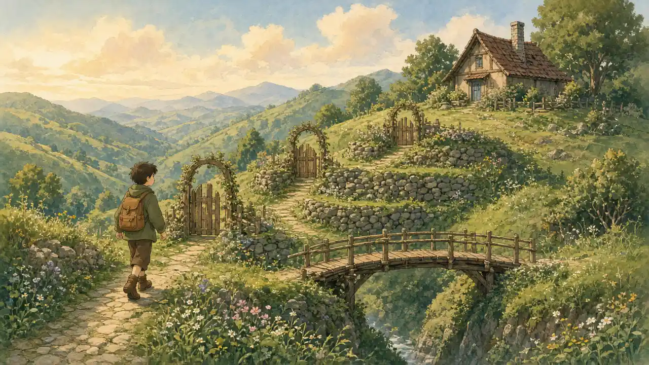 A traveler climbing a terraced hillside through a series of vine gates, while a simple wooden footbridge skips straight past them and rejoins the path higher up