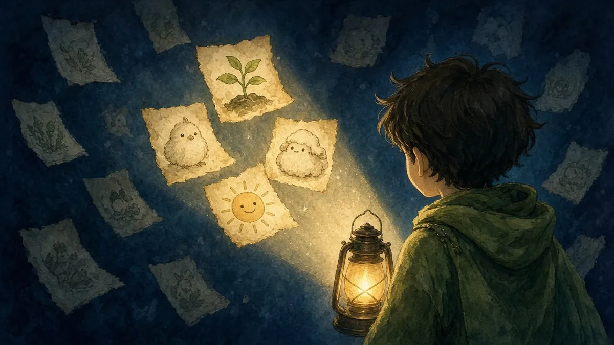 Over the shoulder of a green-cloaked boy: his lantern lights a few floating notes while the rest stay dim — attention as choosing what to care about