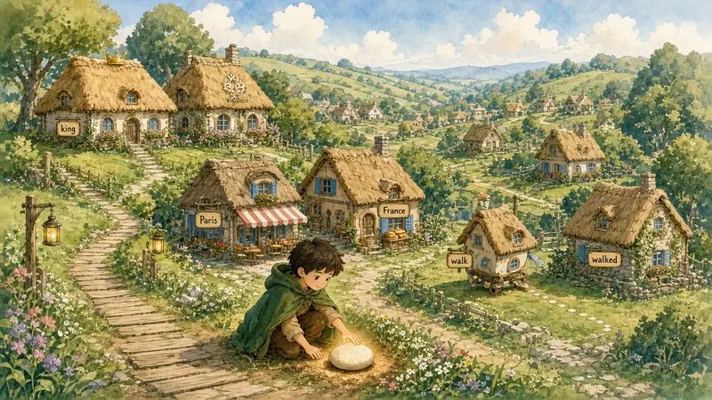 A green-cloaked boy kneels on a village path beside a glowing blank stone, while thatched cottages signed king, Paris, France, walk and walked sit next to their kin across the hillside