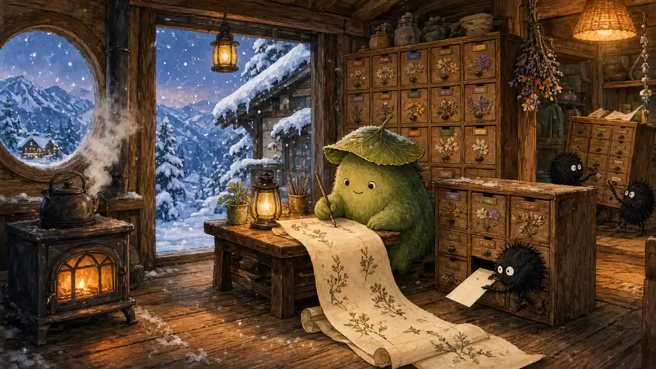 In a snowy mountain tea house at night, a small leaf-hatted forest spirit writes a long story on a scroll beside a card cabinet where every word already written has its own tabbed card with a pressed flower, while little helpers file new cards and carry in a second cabinet