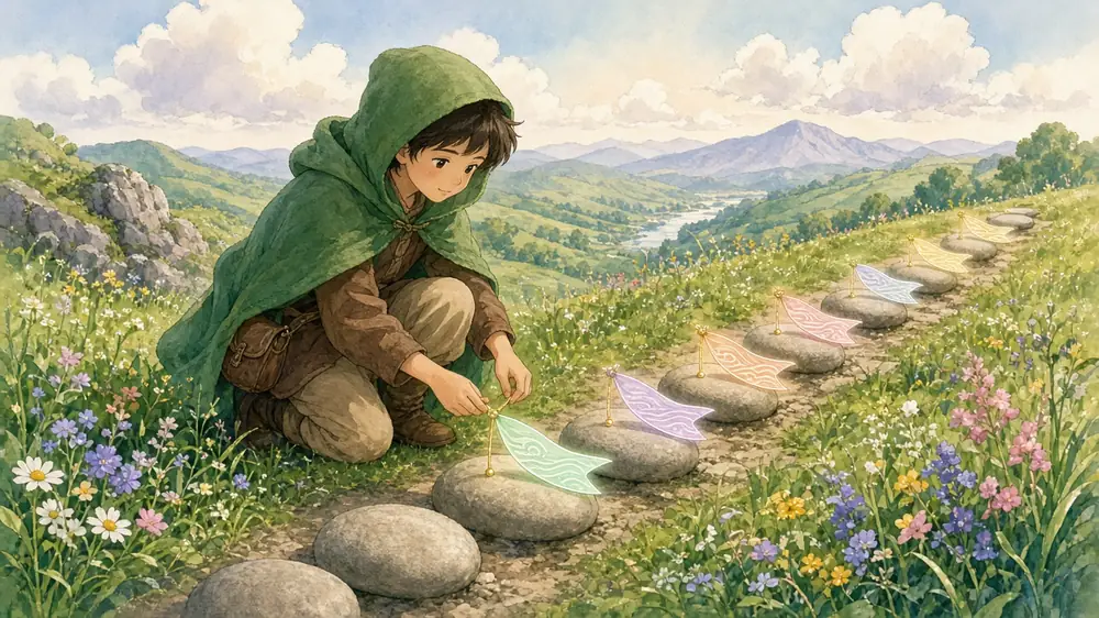 A green-cloaked boy kneels on a hillside path of identical round stones, tying a different colored ribbon marker to each one