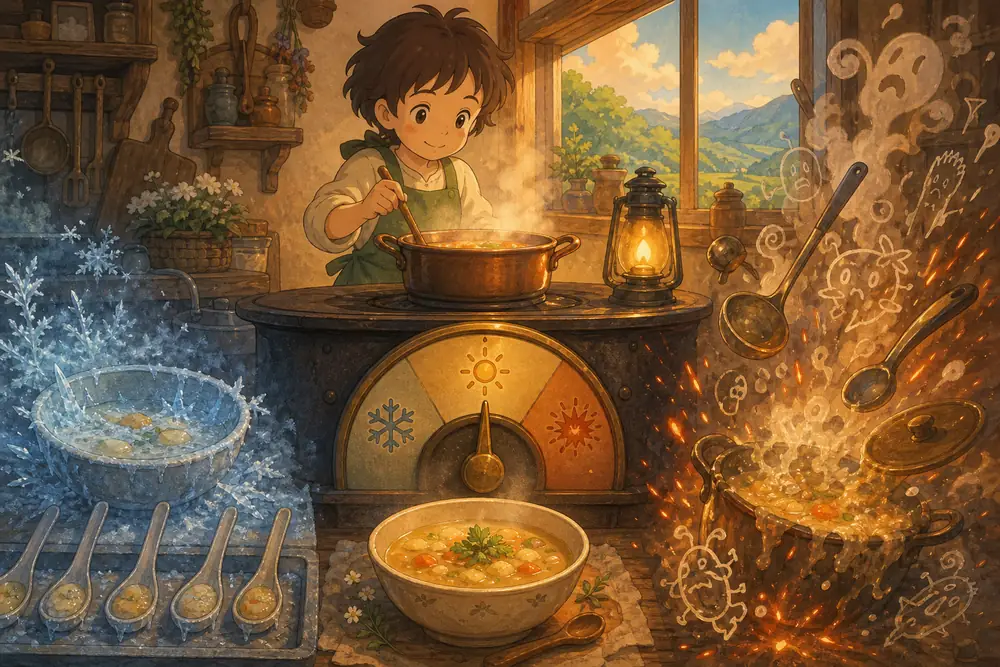 A wholesome kitchen stove with a temperature dial: too cold freezes every answer into the same safe copy, too hot spills into chaos, the warm middle is where surprise still holds together