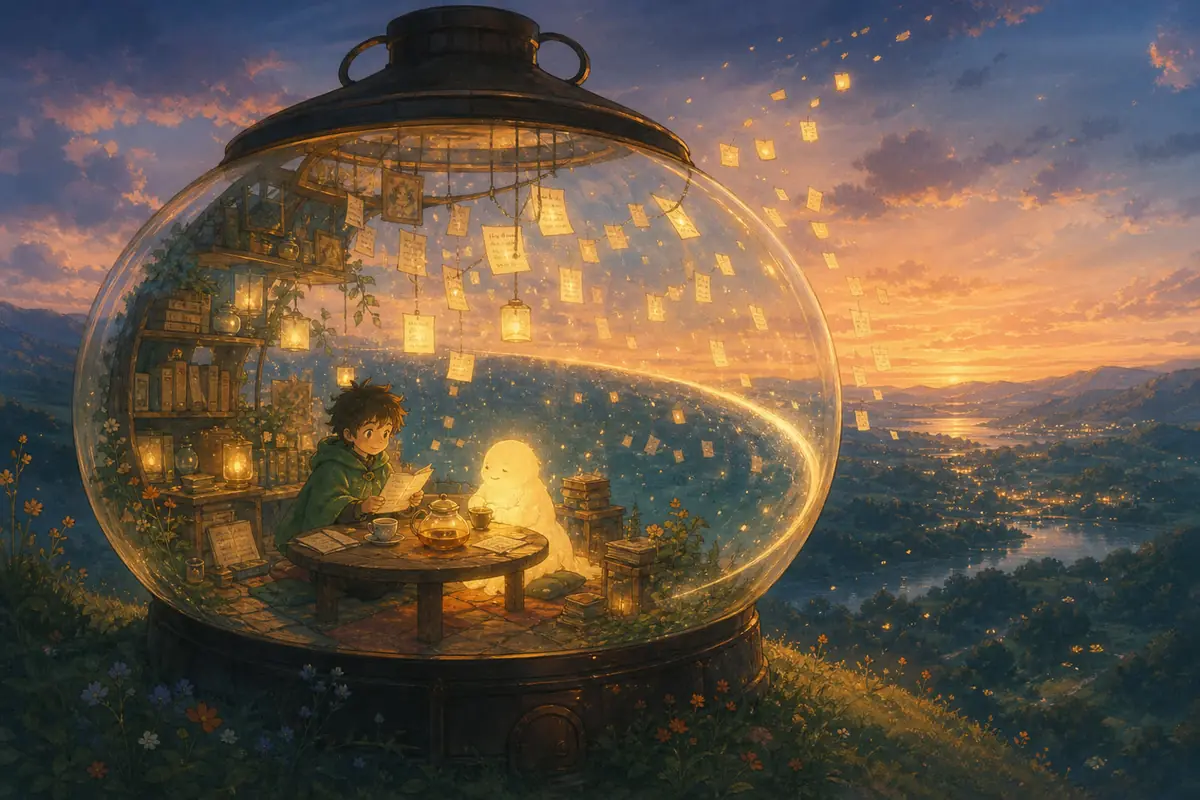 A boy in a warm glass jar-room on a hillside, conversation notes and lantern-letters filling the desk, older notes drifting out past the glass while the wider hills and town lights keep going