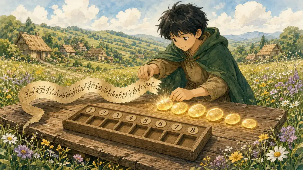 A green-cloaked boy at a wooden table in a meadow turns a long ribbon of writing into glowing amber pebbles, lined up beside a numbered wooden tray