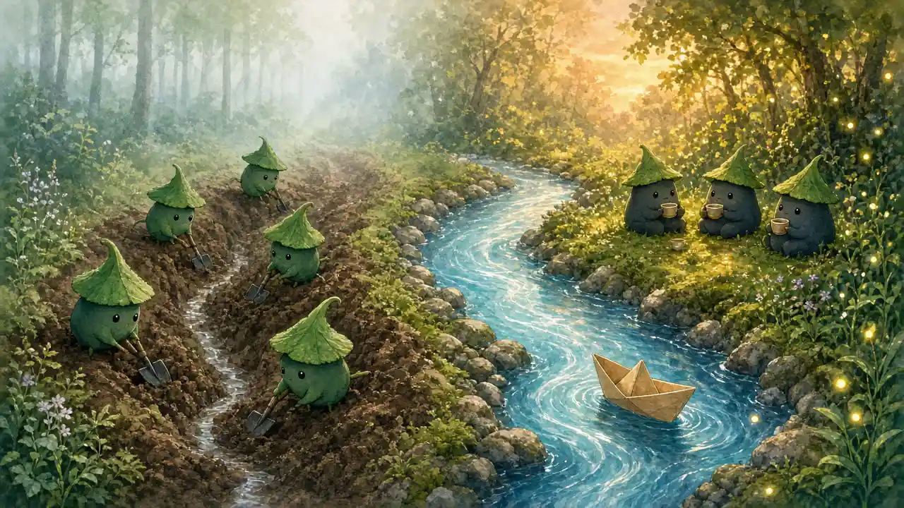 A Ghibli-style valley split in two: on the left, little moss sprites dig a fresh channel in the earth; on the right, the same finished riverbed carries glowing water, a paper boat drifting along and a few sprites sharing tea on the bank