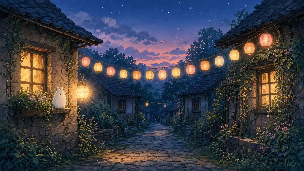 A village lane of cottages at dusk where two windows that keep glowing at the same moment are joined by a long, bright string of lanterns, while two windows further down share only one thin thread and a single dim lantern, and a small white forest spirit watches a new lantern bloom from a windowsill