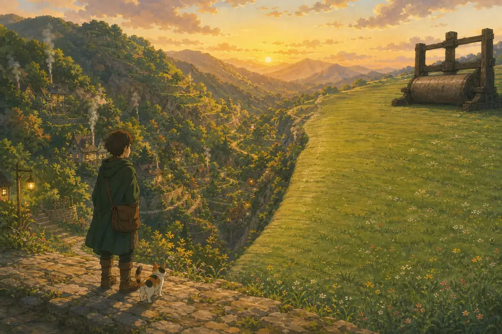 A green-cloaked boy looking from a deep lived-in valley toward a meadow a wooden press has ironed flat: still a hillside, still a meadow, the depth gone