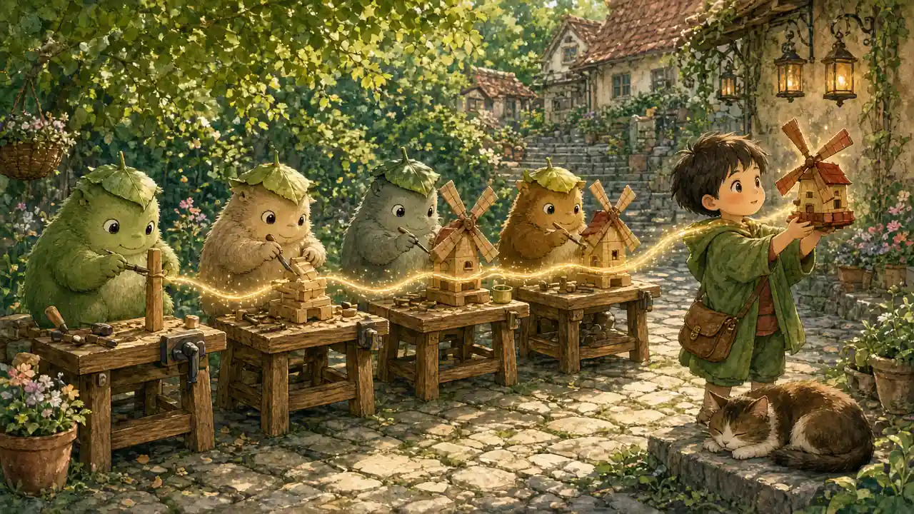 Four leaf-hatted forest spirits at wooden workbenches along a cobbled village lane pass a toy windmill forward from bench to bench, a child at the end holds up the slightly wobbly finished windmill, and a ribbon of golden firefly light flows back down the row so each maker can adjust their own part