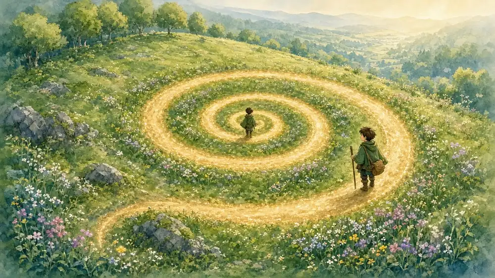 A traveler returning along a glowing hillside spiral path, each lap the same land seen from a wider turn
