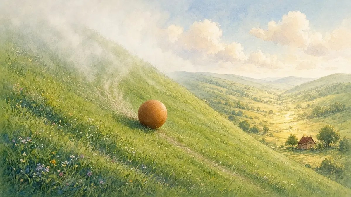 An amber ball rolling downhill along a grassy path toward a warm valley cottage