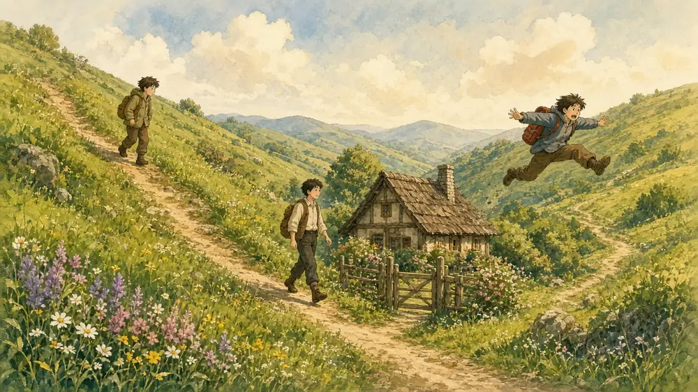 Three travelers on one hillside path toward a cottage: one taking tiny steps, one walking a steady stride, and one leaping past the door