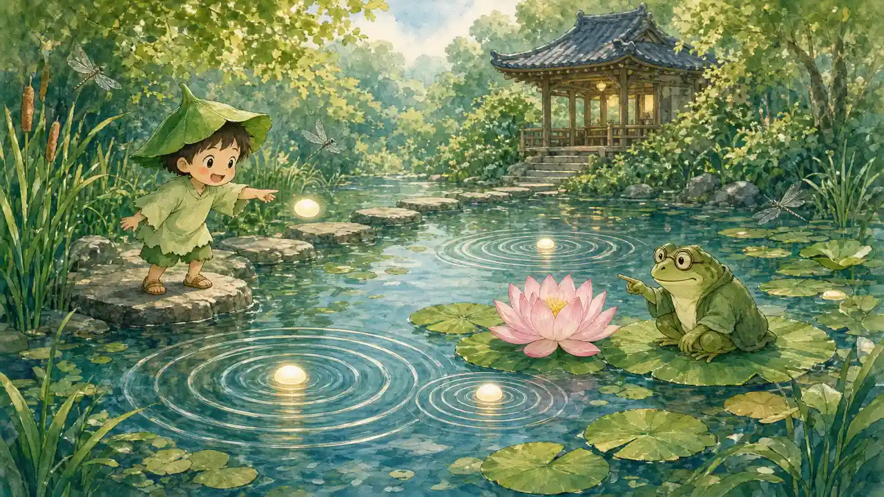 A small leaf-hatted forest spirit tosses glowing pebbles toward a lotus on a lily pond while a kindly old frog points at the ripples: a near miss makes a tiny ring, and a far miss sends big rings spreading across the water