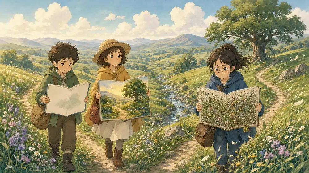Three travelers in a meadow with three sketchbooks: one almost blank, one copying every flower, and the middle one catching the path, the oak, and the stream