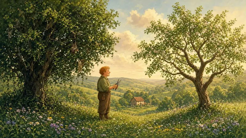 Two living trees on a hillside: one a dense tangle of clinging branches, the other gently pruned and open to the light