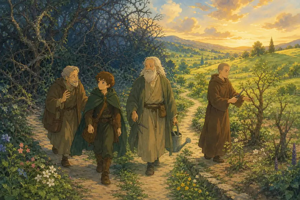 Three kind guides on a landscape teach a learning mind what to hold and what to release, so it is not imprisoned by its own memories
